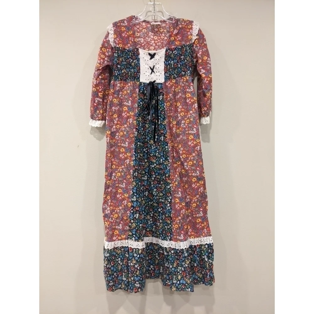 Vintage Union Tag 70's Prairie Patchwork Floral Tie Back Dress Size 6